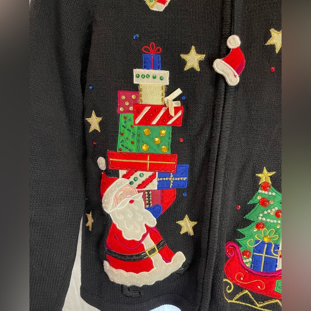 VTG Tiara Int'l M Black Ugly Christmas Sweater Zipper Cardigan Santa Embroidered - Picture 5 of 11